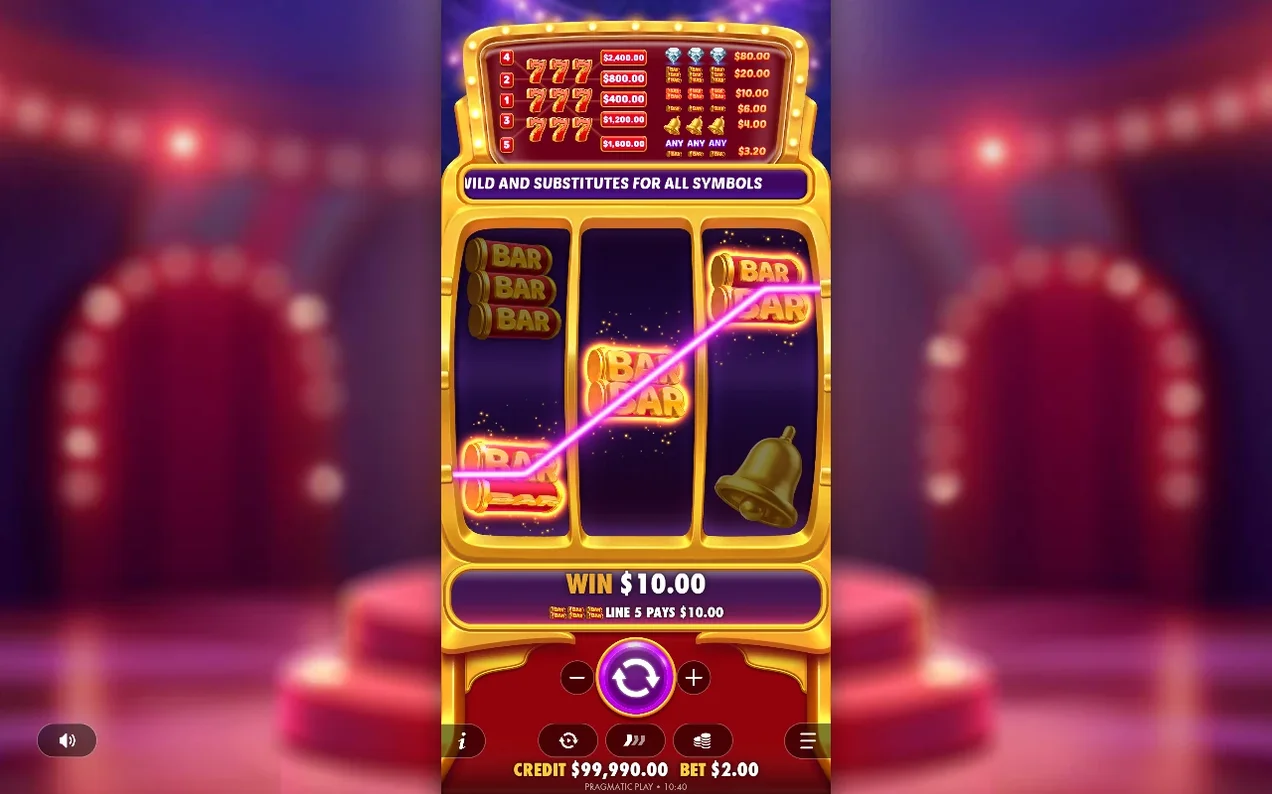 Pink win line crosses BAR and bell symbols on three reels, showing WIN $10.00, Line 5 pays $10.00.