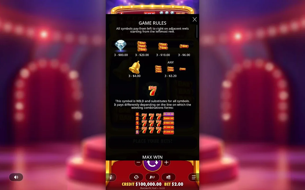 Game Rules popup lists diamond, BAR and bell payouts plus the red WILD 7 line-pay chart.