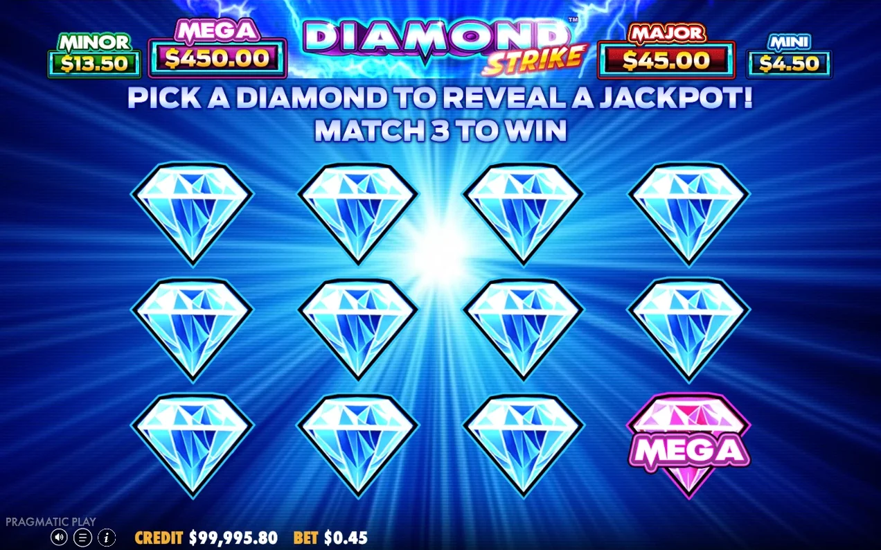 Jackpot bonus grid of 12 face-down diamonds with a revealed pink MEGA tile in the bottom-right corner