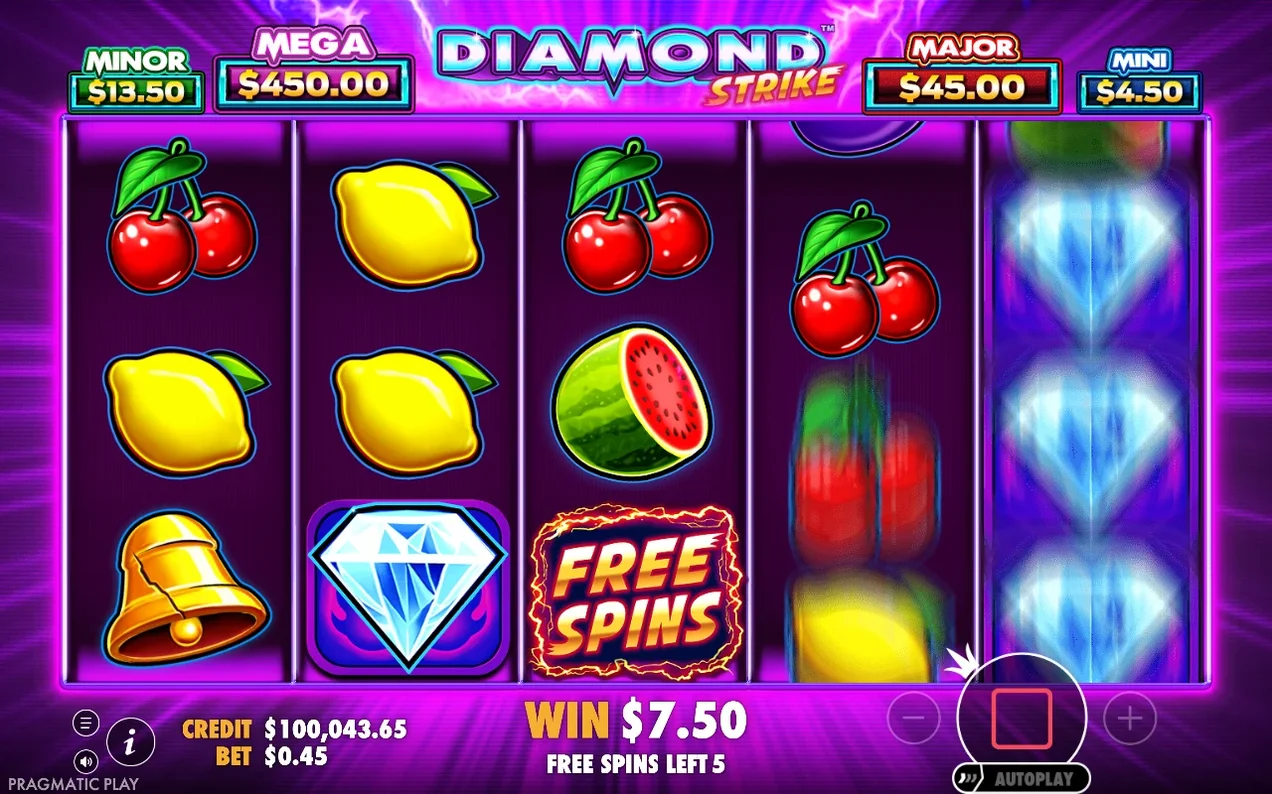 Purple free spins reels show a Free Spins scatter and stacked diamond wilds, WIN $7.50, 5 spins left