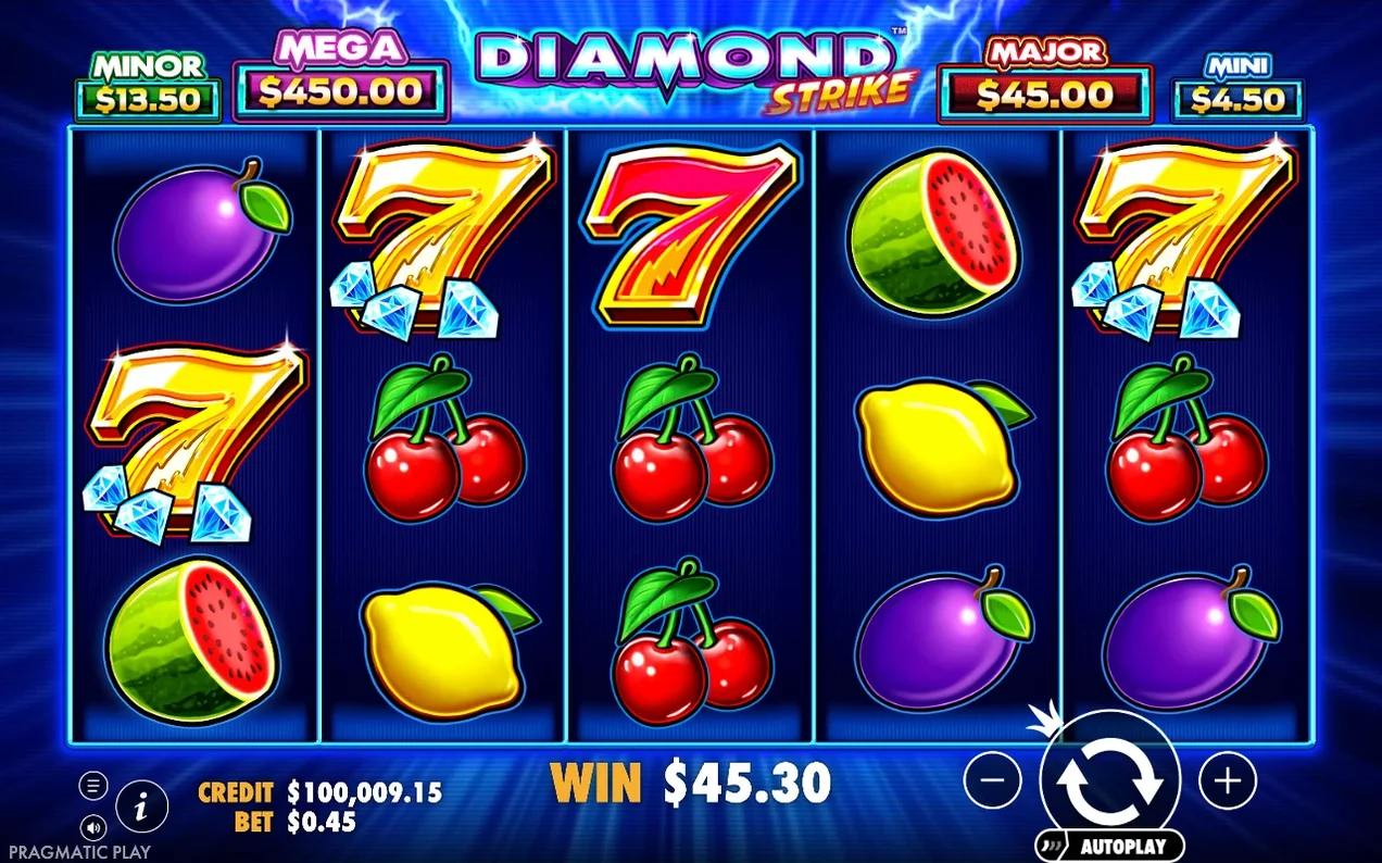 Blue reels show two Golden 7 jackpot symbols beside fruit icons, WIN $45.30 displayed below