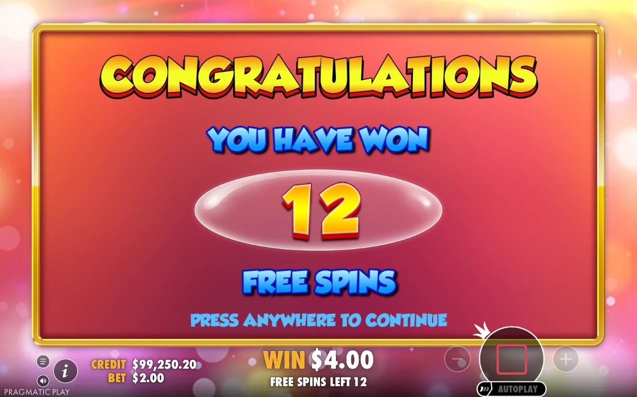 Congratulations overlay announces 12 free spins won, with WIN $4.00 and FREE SPINS LEFT 12 below
