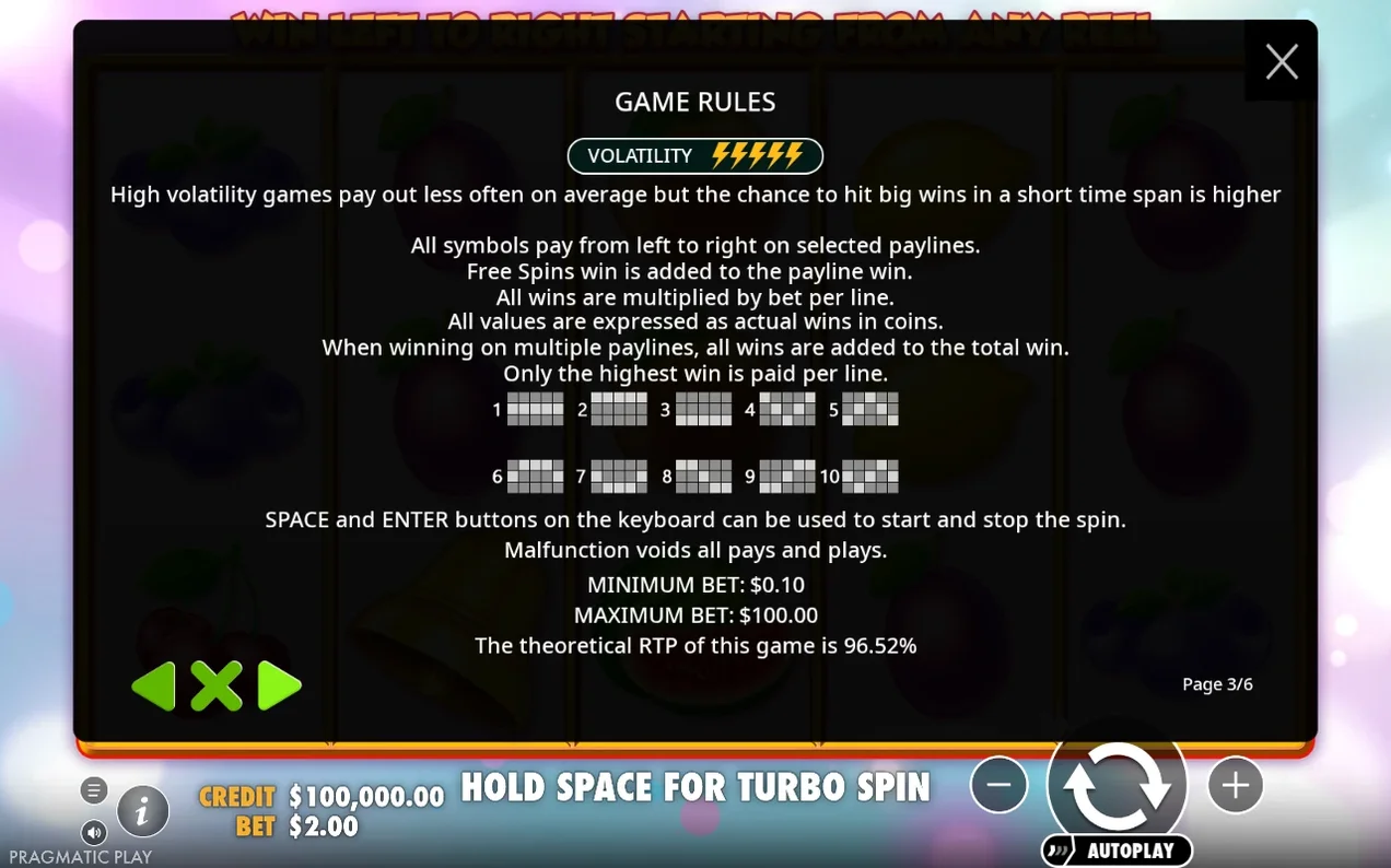 Game rules page 3/6 lists volatility bolts, 10 payline diagrams, RTP 96.52% and bet limits