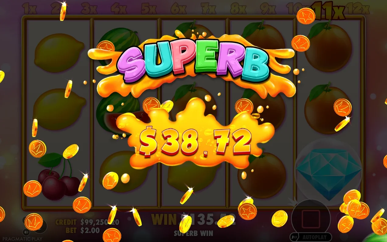 Superb win banner at 11x multiplier shows a $38.72 payout with gold coins falling over the reels