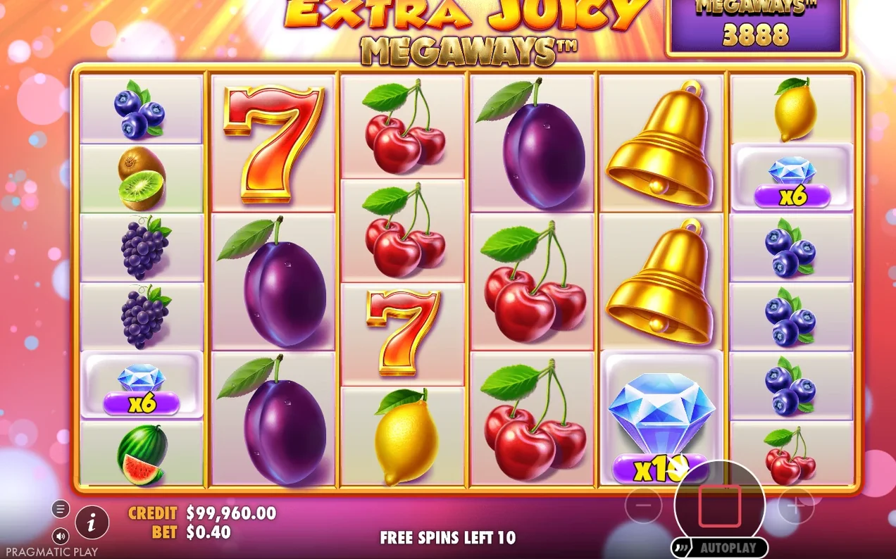 Free spins reel with diamond multiplier tokens x6 and x10, Megaways 3888 and Free Spins Left 10 counter