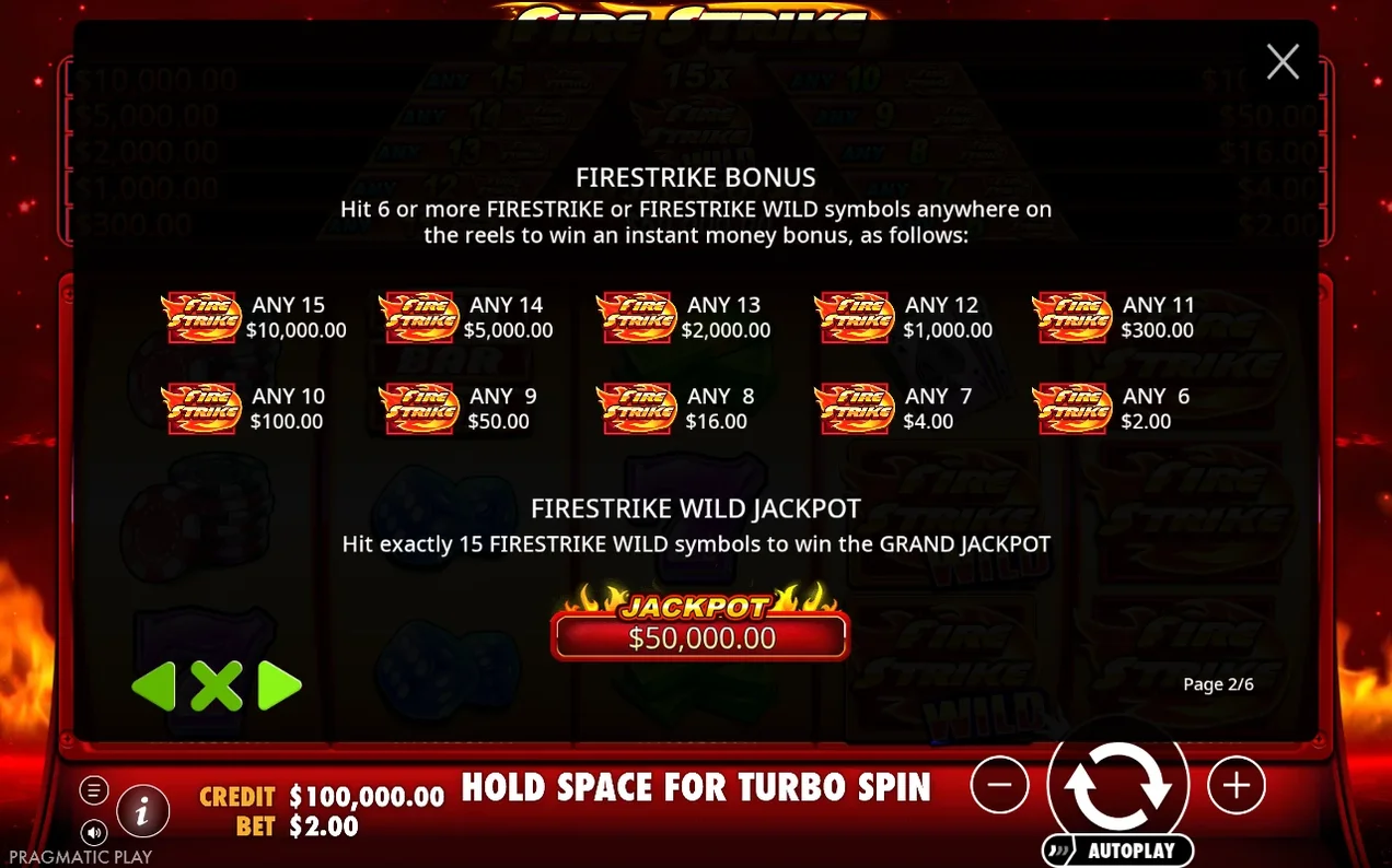 Firestrike Bonus paytable page 2 of 6 listing Any 6-15 tiers and a $50,000.00 jackpot plaque.