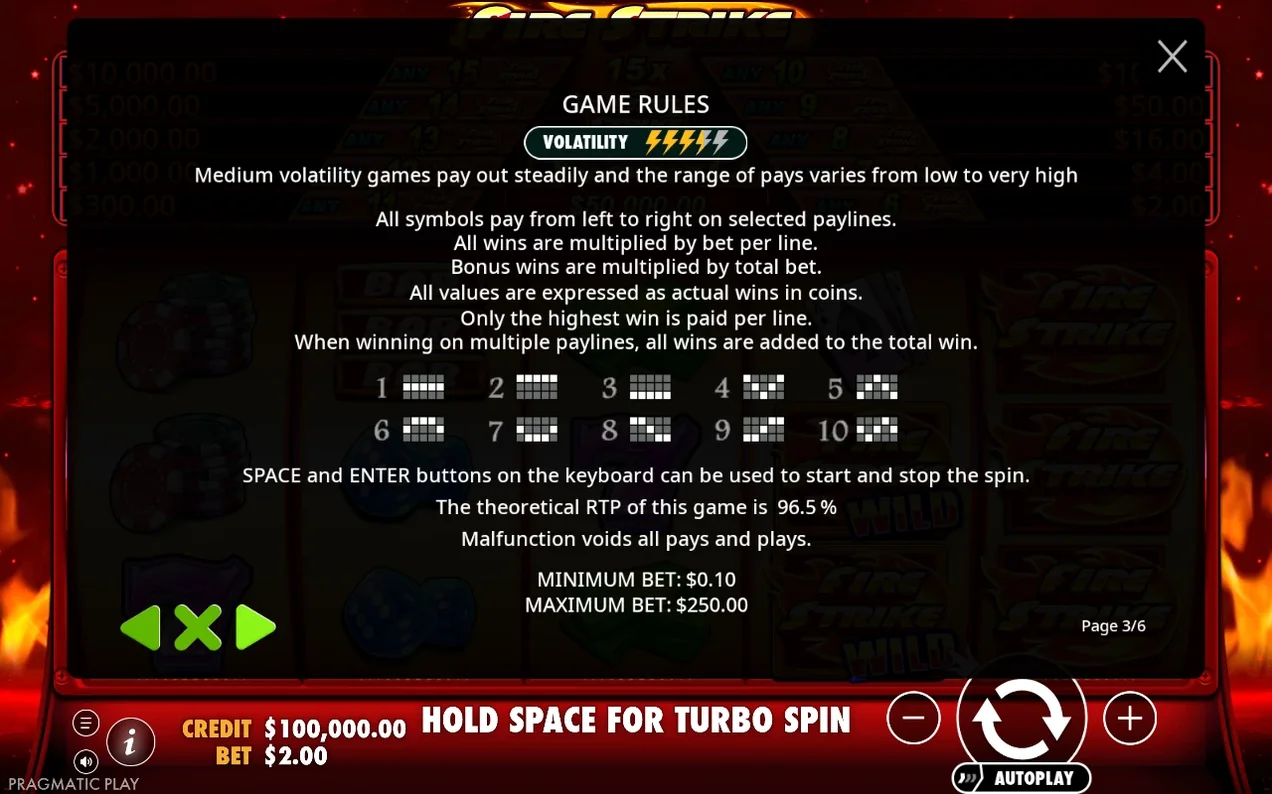 Game rules page 3 of 6 showing volatility badge, payline diagrams, RTP 96.5% and bet limits.