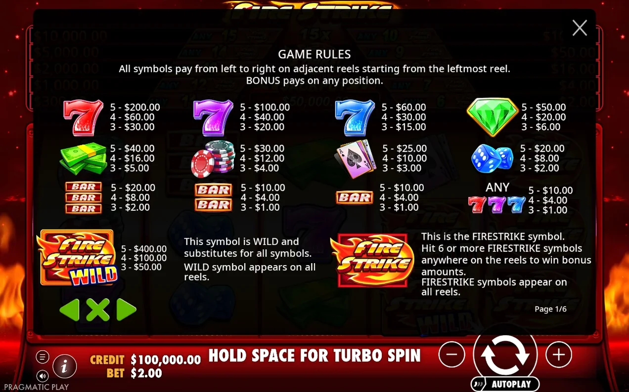 Paytable page 1 of 6 lists sevens, cards, dice, bars, the Wild and Firestrike bonus symbol payouts.