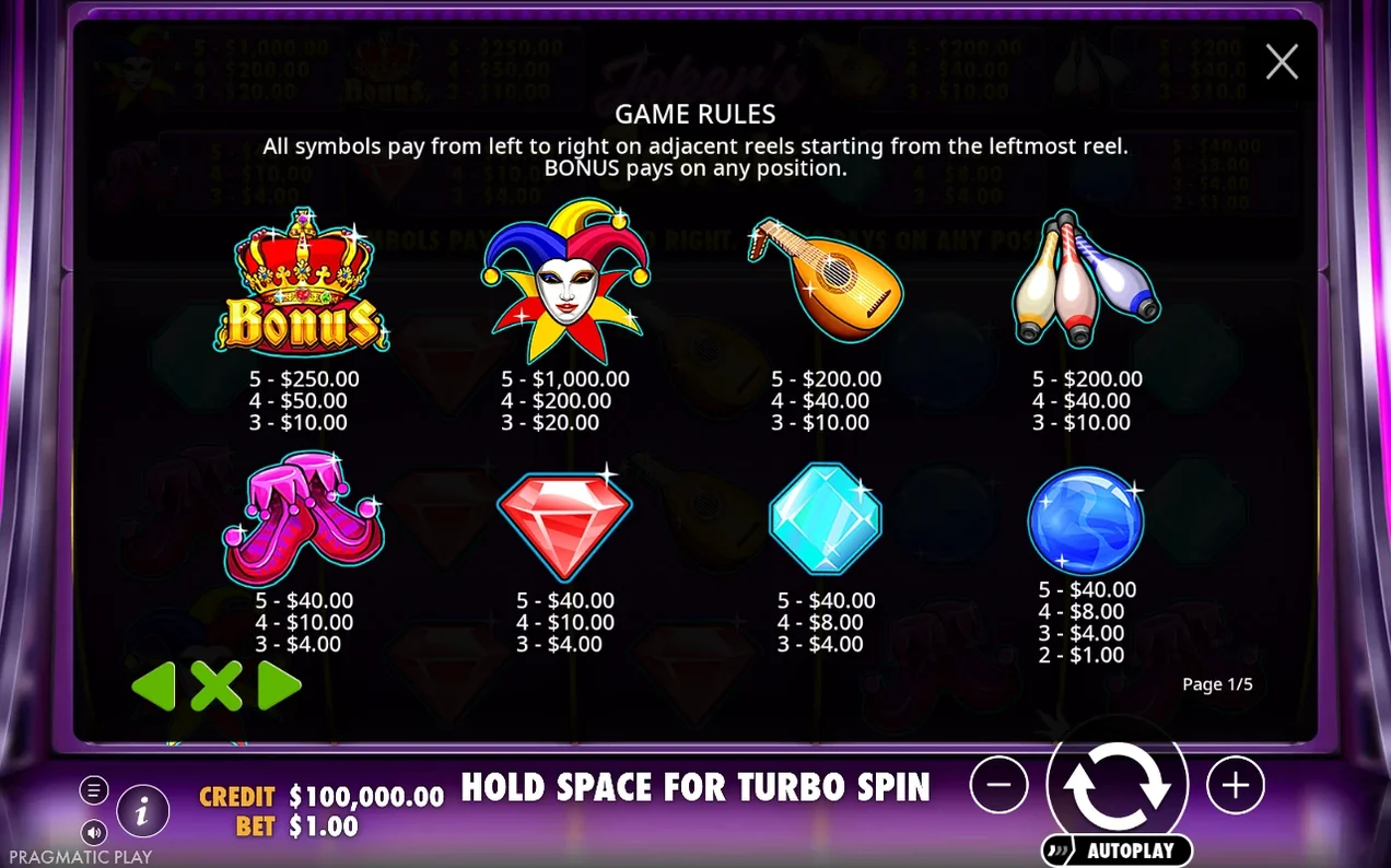 Game Rules modal lists all 8 symbols with payout values, from BONUS Crown to Blue Gem, page 1/5.