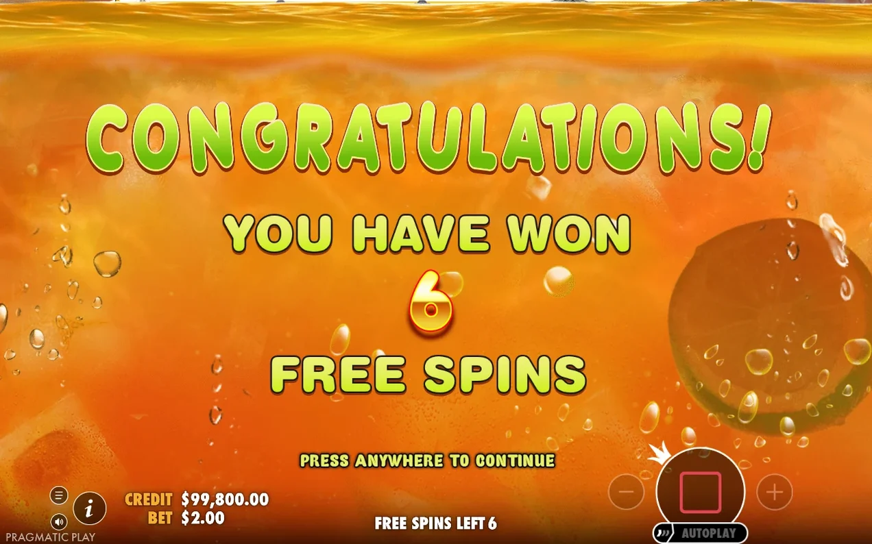 Congratulations screen shows 'YOU HAVE WON 6 FREE SPINS', credit $99,800.00, bet $2.00.