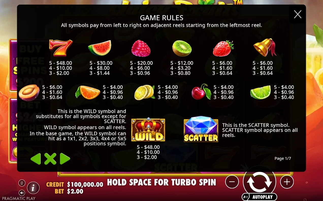 Game Rules paytable page 1/7 lists fruit symbol payouts plus the WILD crown and SCATTER diamond entries.