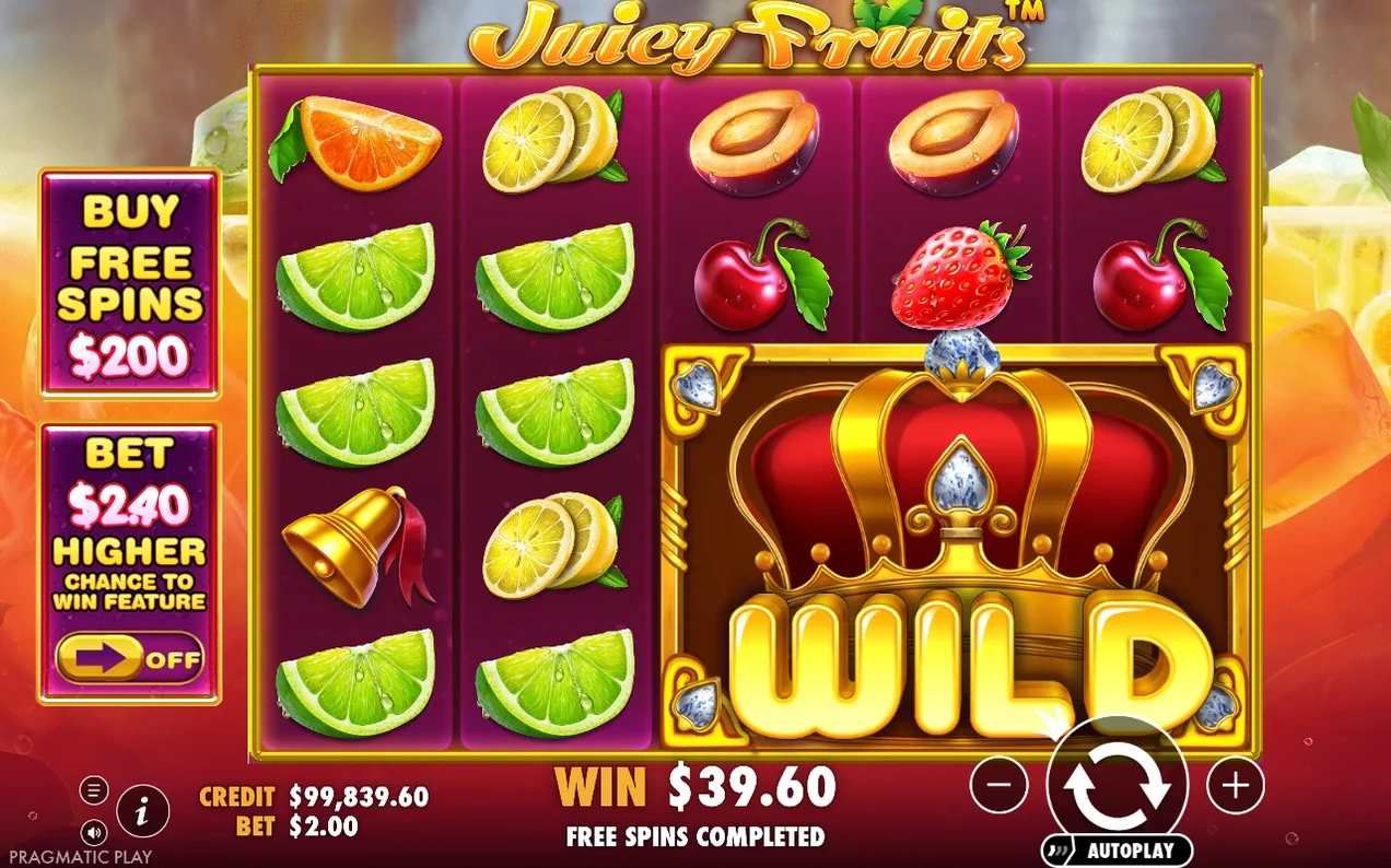 Reels display a giant gold WILD crown block; WIN $39.60, 'FREE SPINS COMPLETED', credit $99,839.60.