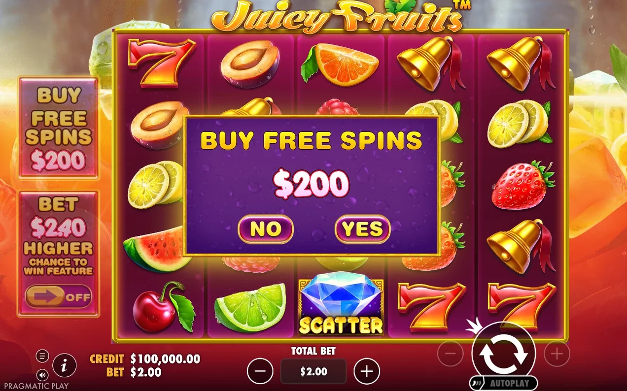 Buy Free Spins popup shows a $200 price with NO and YES buttons over reels bearing a scatter diamond.