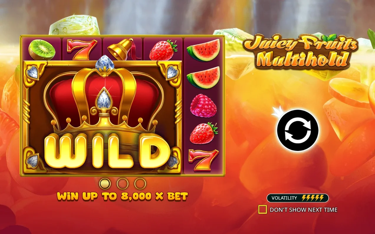 Intro card shows WILD crown beside a fruit reel strip, caption 'WIN UP TO 8,000 X BET', volatility badge