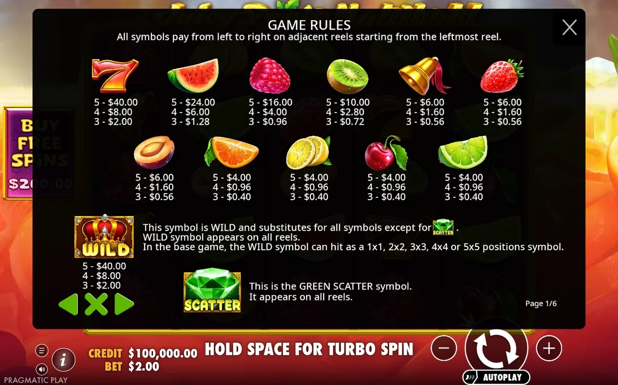 Game Rules paytable page 1 of 6 lists fruit symbol payouts plus WILD crown and green SCATTER gem details
