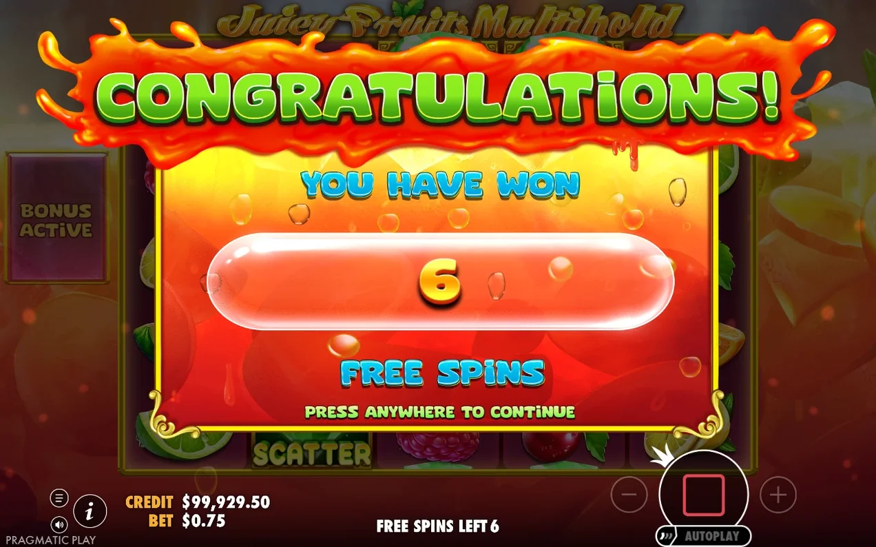 Congratulations popup reads 'YOU HAVE WON 6 FREE SPINS', Bonus Active placard, free spins left 6