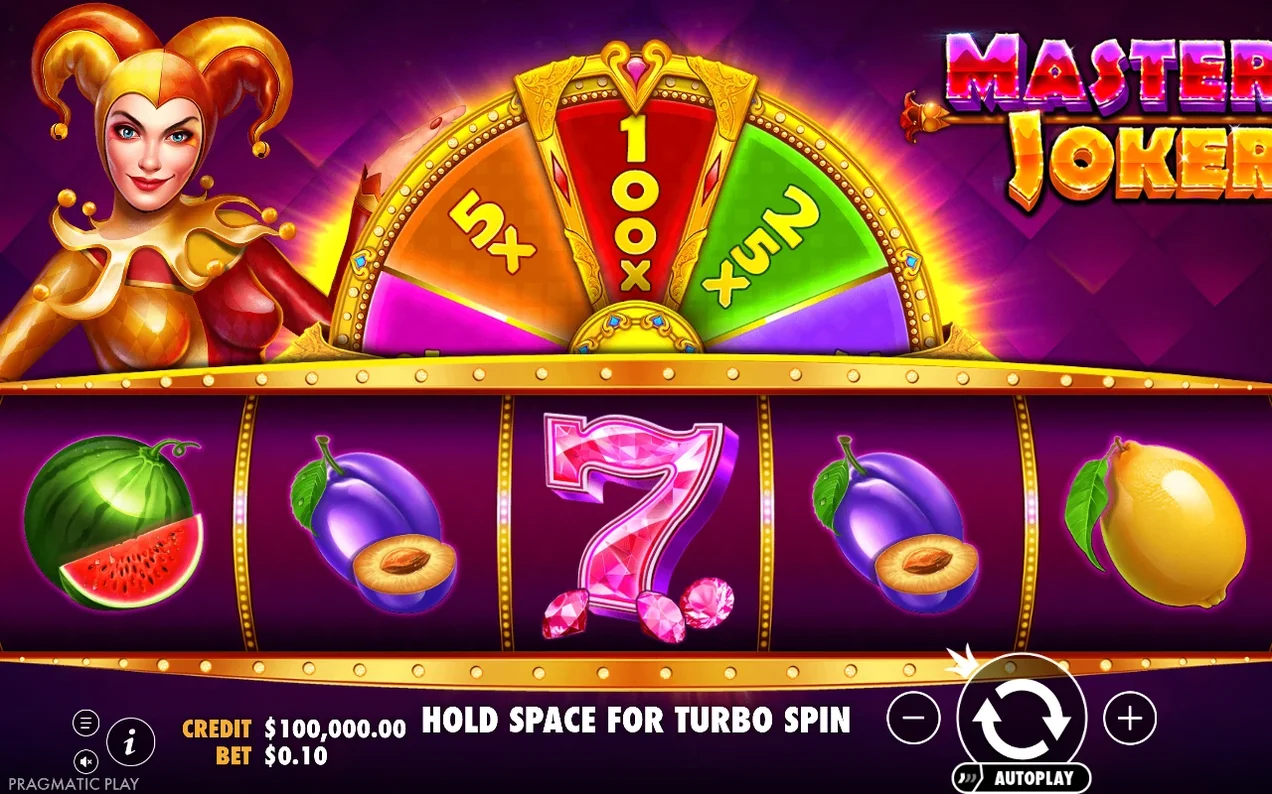 Jester mascot beside the multiplier wheel showing 5x, 100x and 25x sectors above five reels with a pink seven.