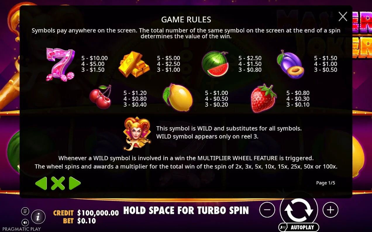 Game rules overlay listing paytable payouts for seven, gold bars, fruits, and the wild jester with wheel feature text.