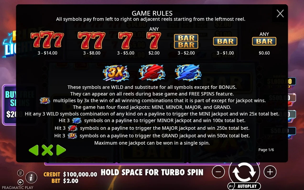 Game rules page listing 777, BAR payouts and wild symbol details with jackpot trigger conditions