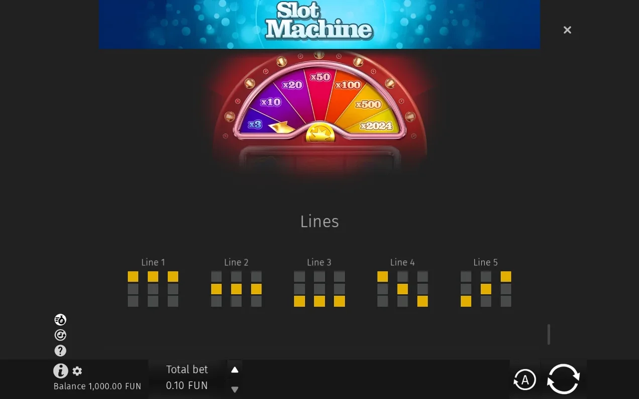 Info panel shows the bonus wheel with x3 to x2024 wedges above five highlighted payline diagrams.