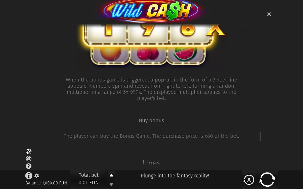 Info panel shows a 1-9-6X bonus multiplier popup above text explaining the bonus game and Buy Bonus feature.