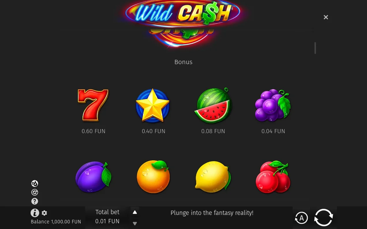 Paytable lists the 7 (0.60 FUN), star (0.40), watermelon (0.08) and grapes (0.04), with plum, orange, lemon and cherries below.