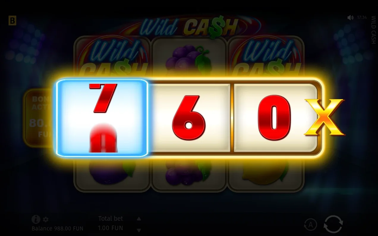 Blue-highlighted left cell shows a partial 7 next to settled 6 and 0, reading 760X in the bonus reveal.